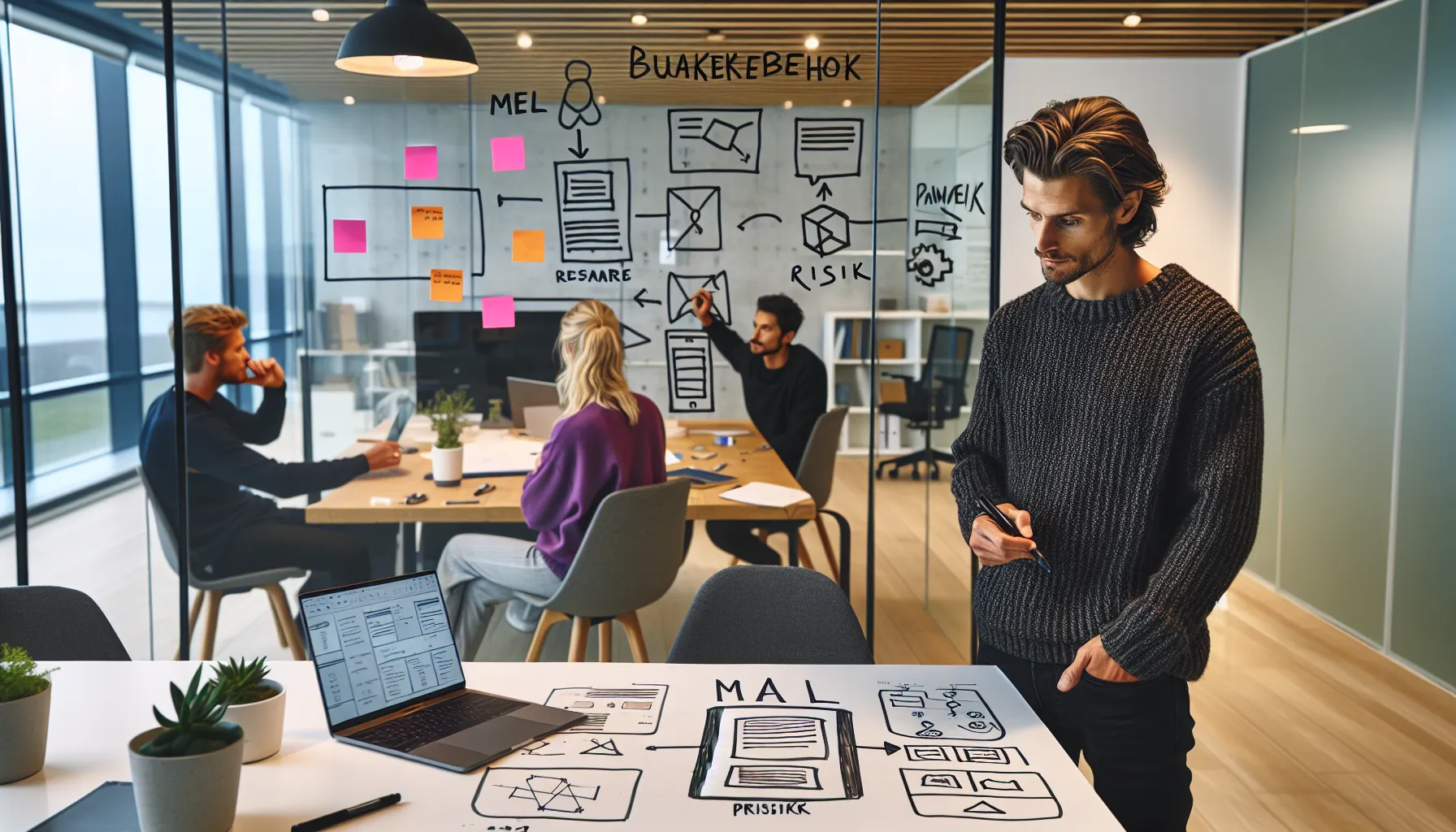 Ux team in a norwegian office reviewing wireframes and a/b test results.