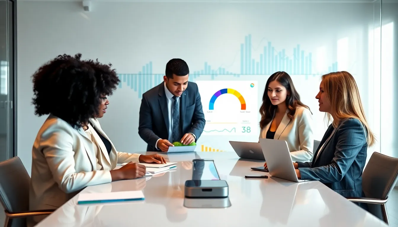 diverse team discussing credit scores in a modern office.