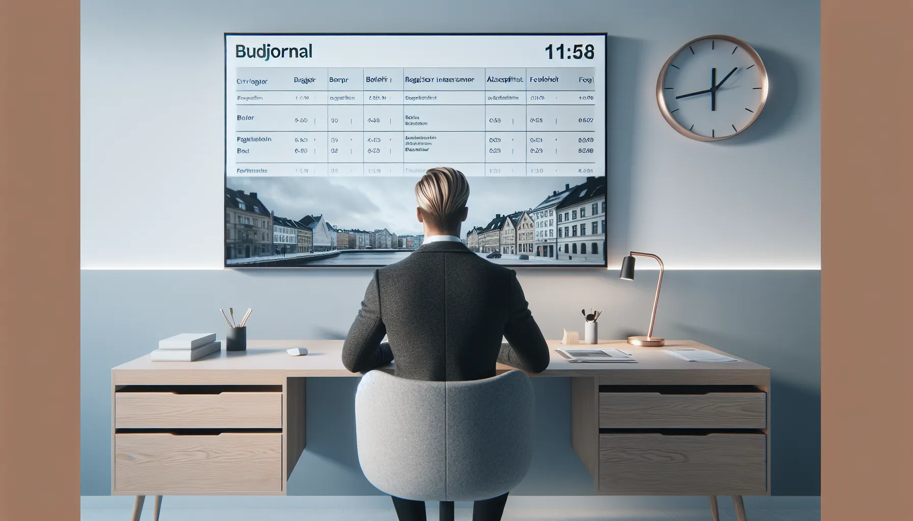 Norwegian real estate agent updating a budjournal with noon bid deadlines.