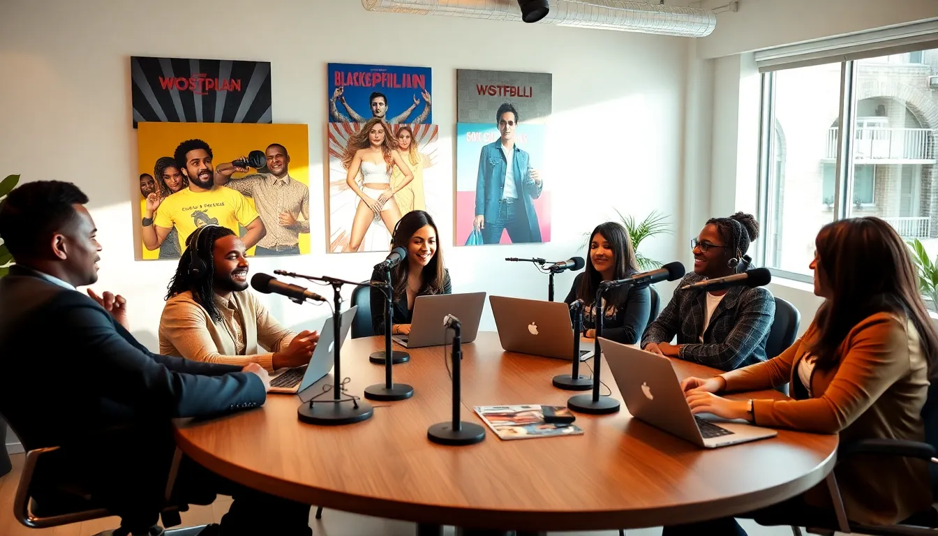 diverse hosts discussing pop culture in a modern podcast studio.