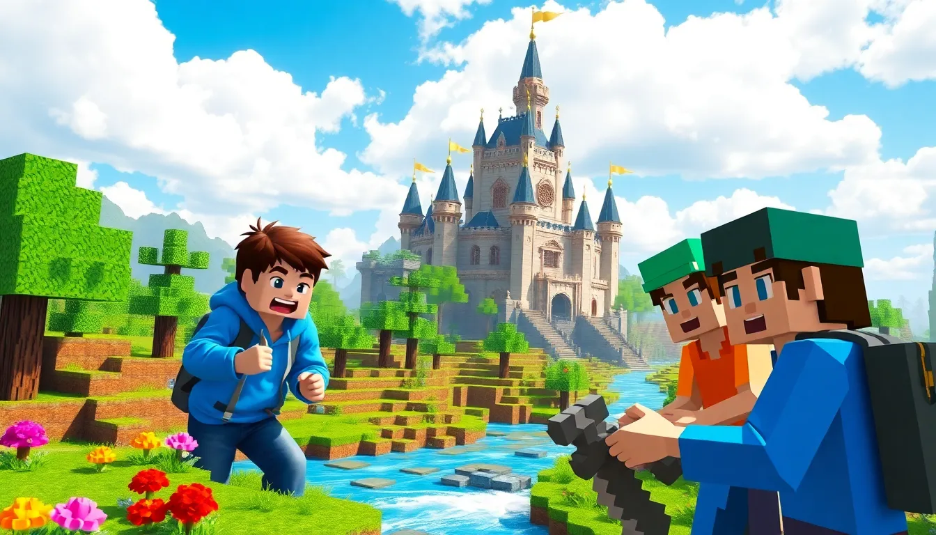 four players collaborating in a vibrant Minecraft landscape with a castle.