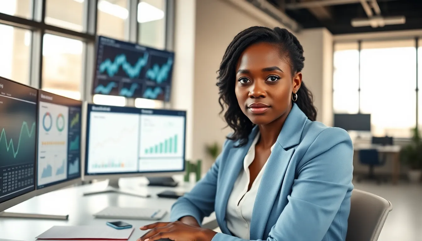 A woman analyzing website performance metrics in a modern office.