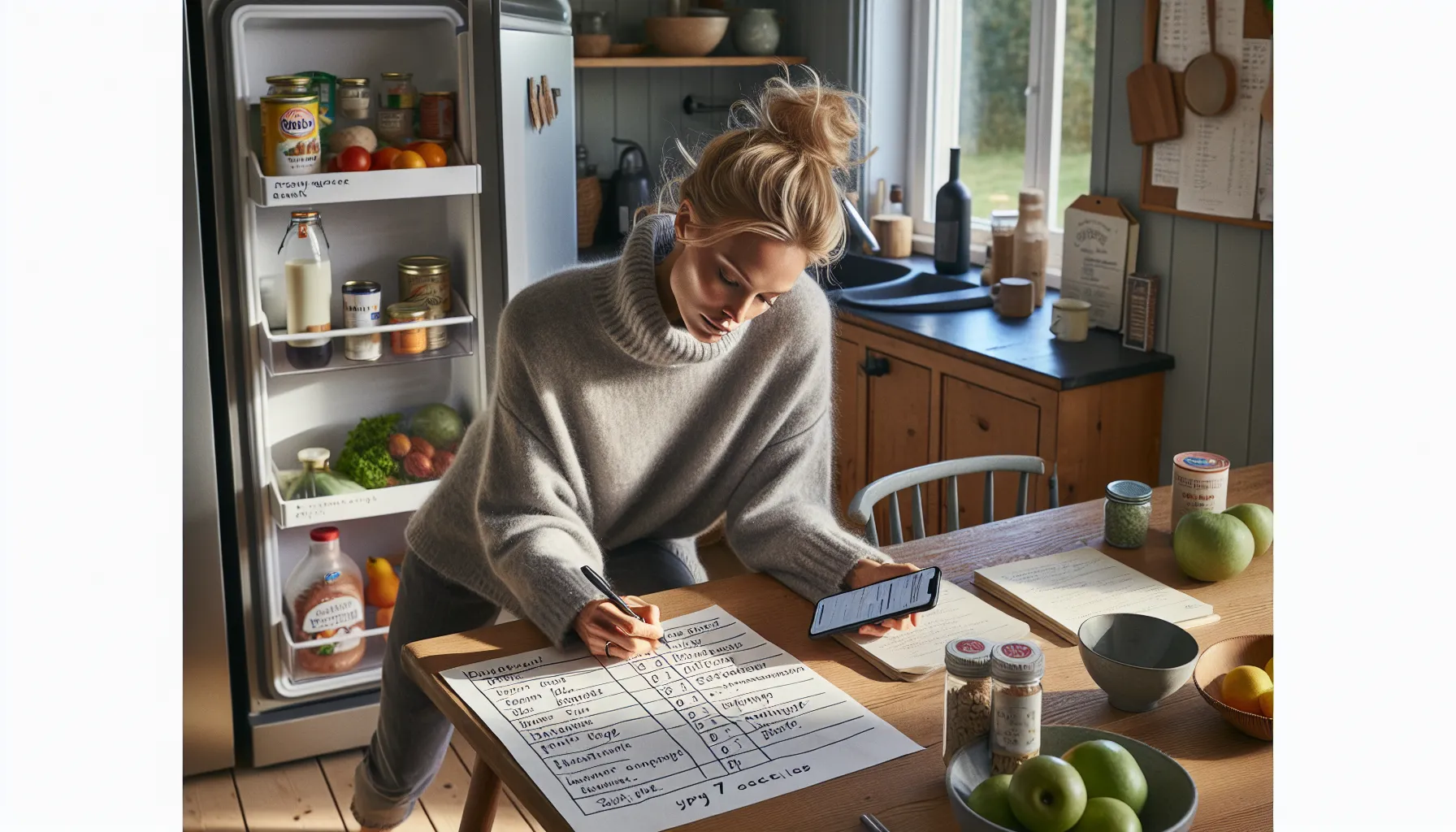 Norwegian woman planning a weekly menu and grocery list at a kitchen table.