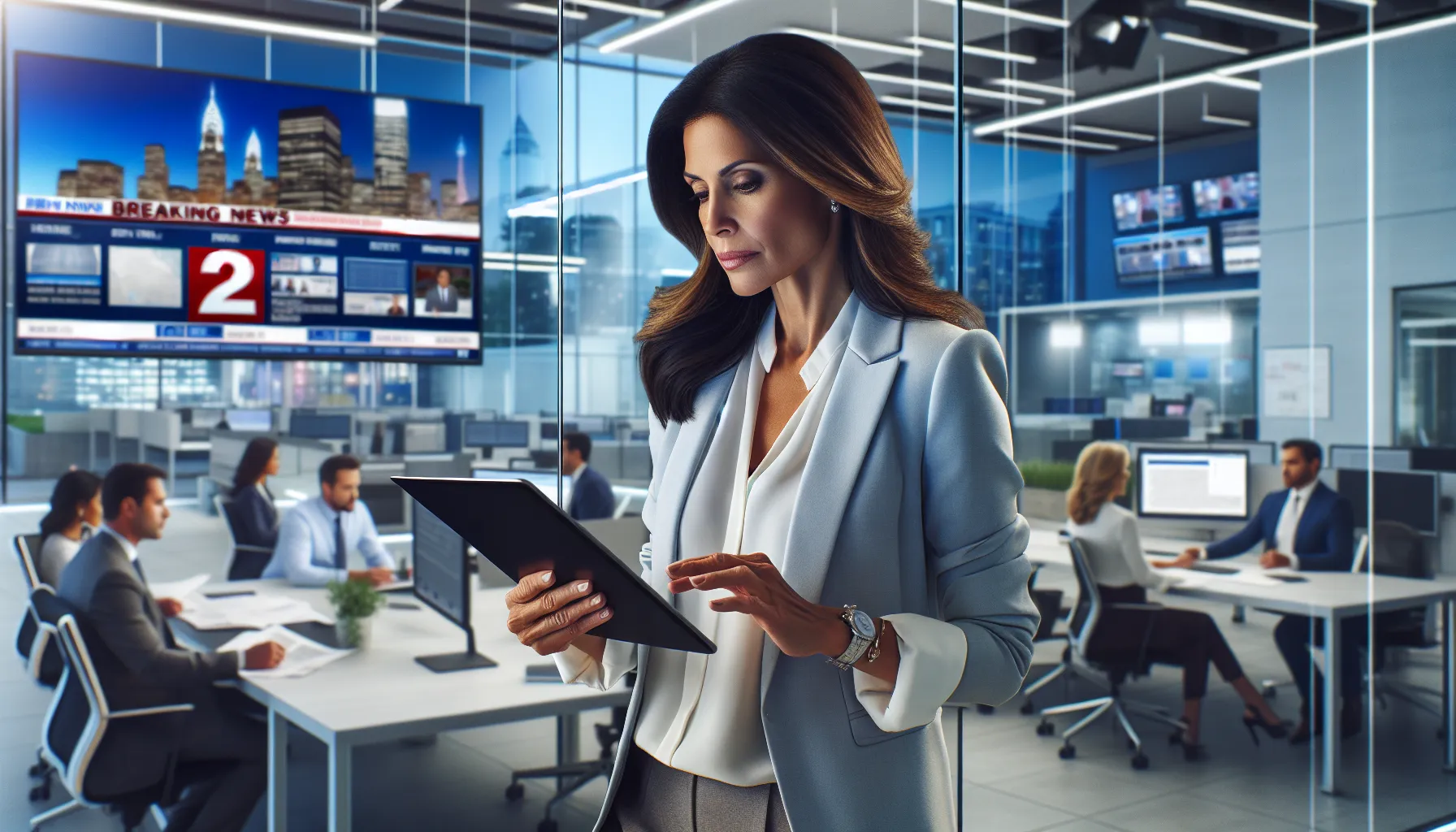 journalist in a modern newsroom engaged with digital news reporting.