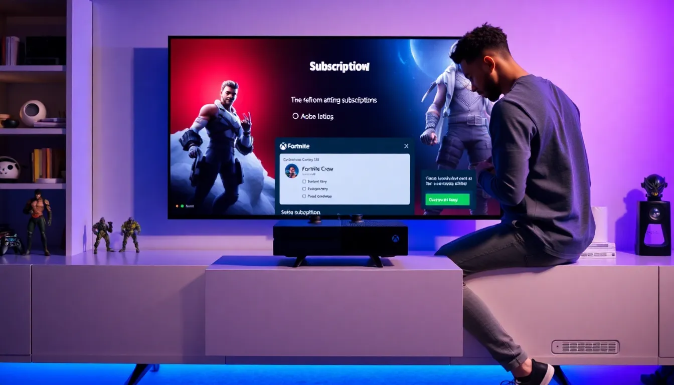 gamer managing Fortnite Crew subscription on Xbox console.