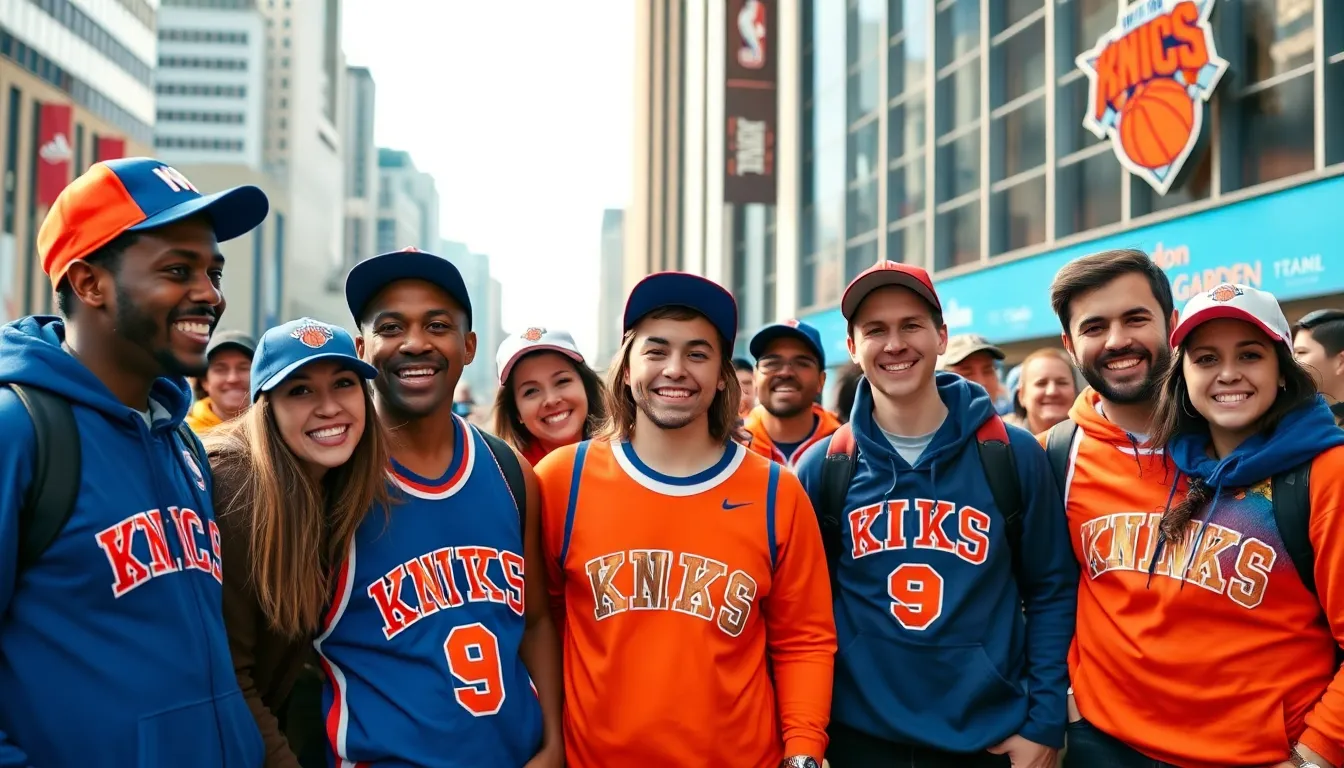 diverse fans wearing NY Knicks gear outside Madison Square Garden.