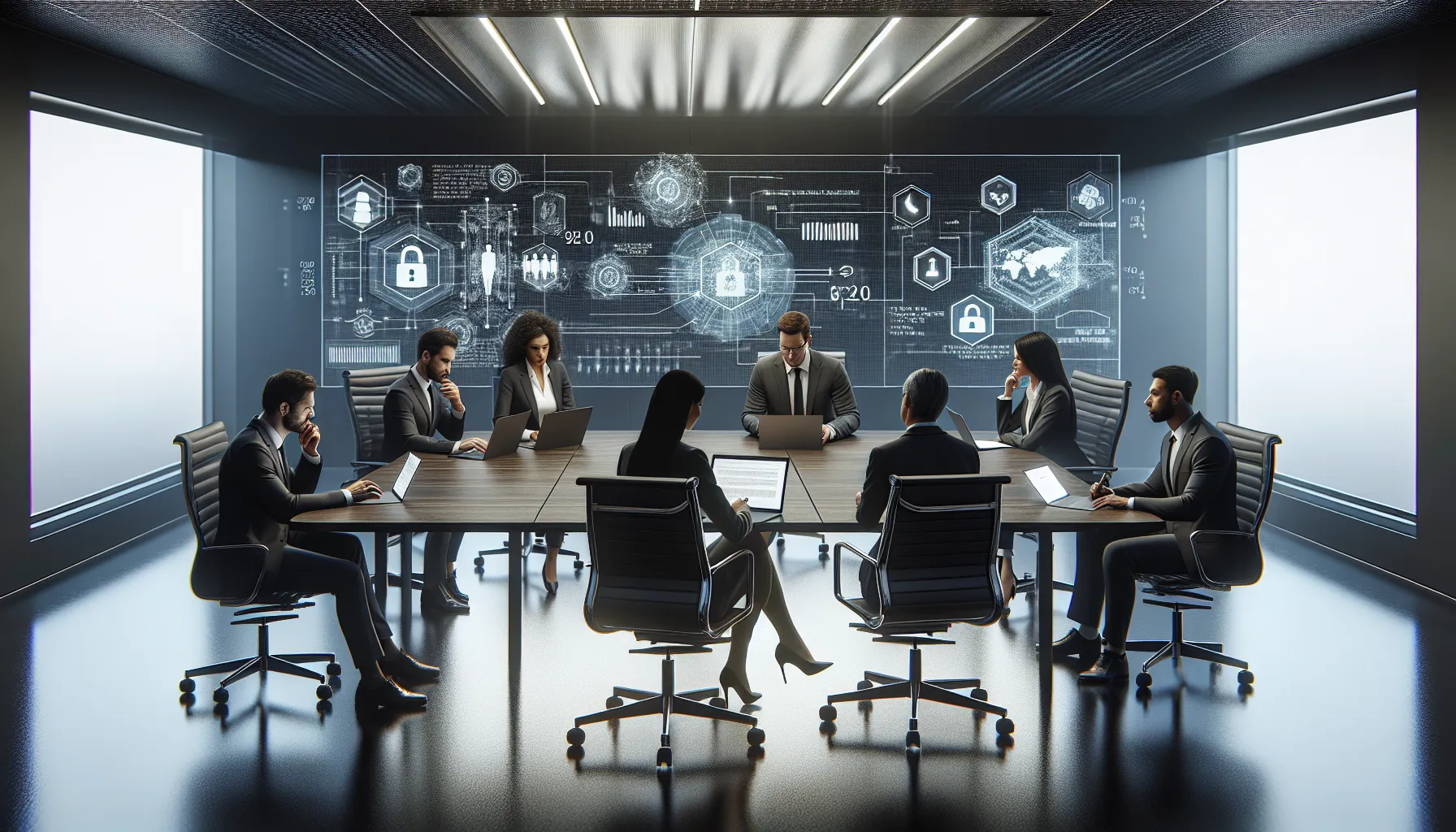 diverse team discussing data privacy and security in a modern office.