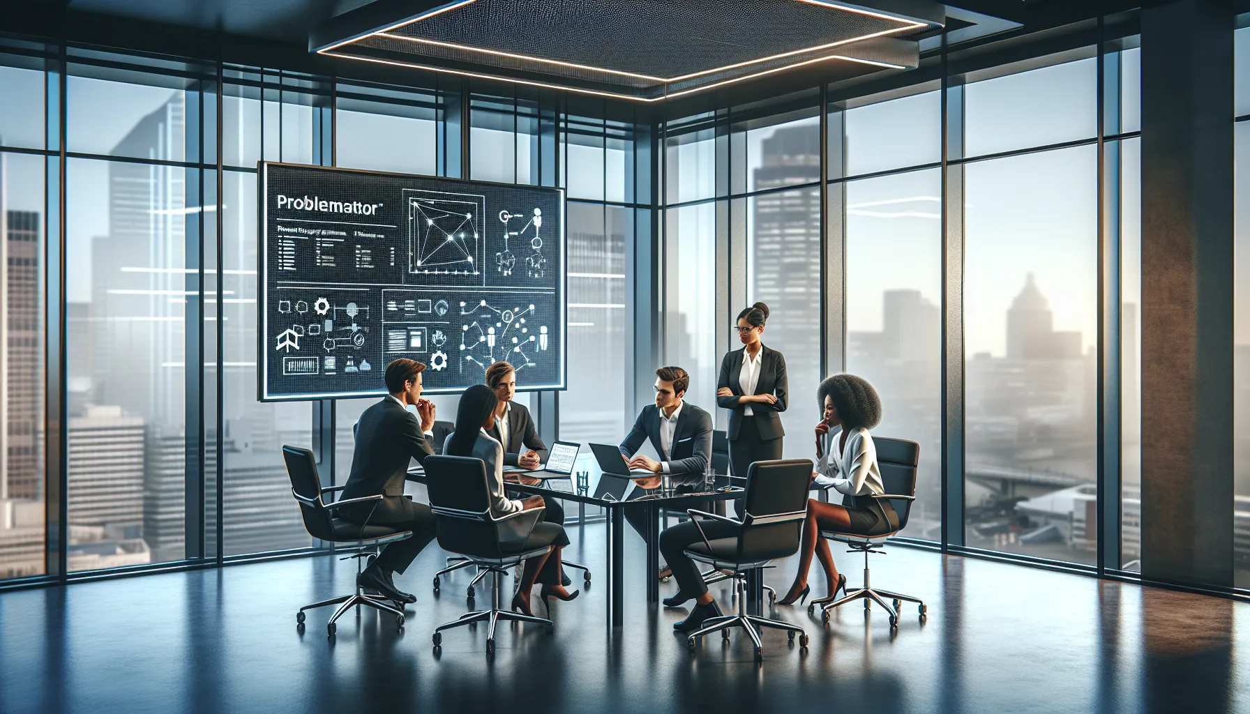 team collaborating over a digital Problemulator interface in a modern office.