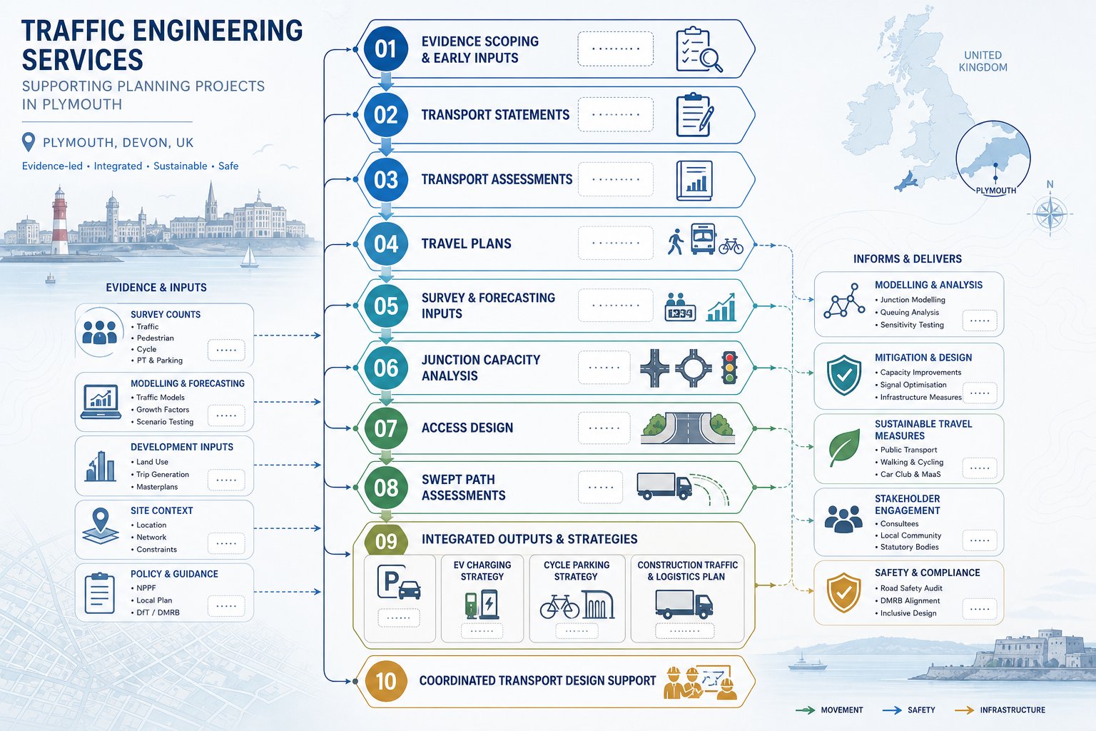 Infographic of traffic engineering services for planning projects in Plymouth.