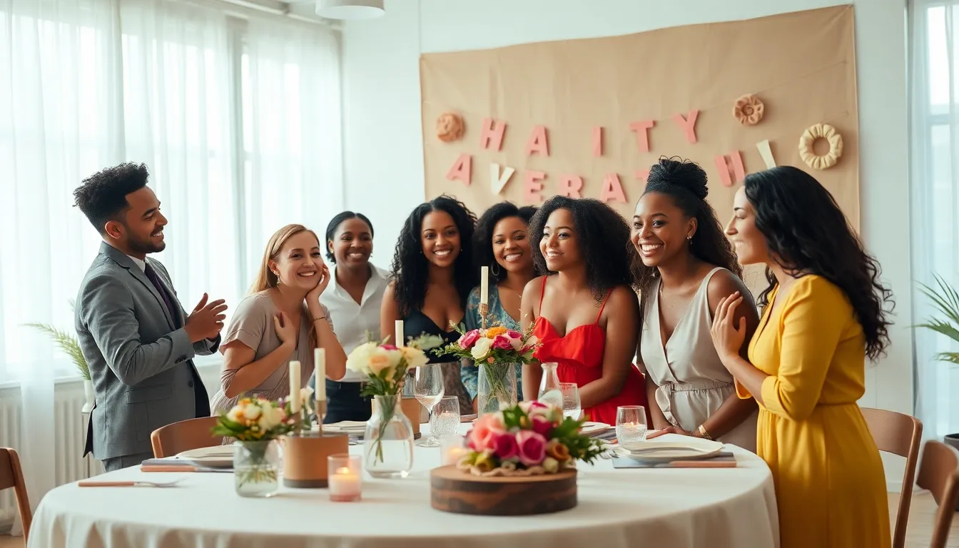 diverse group enjoying a stylishly decorated budget-friendly event.