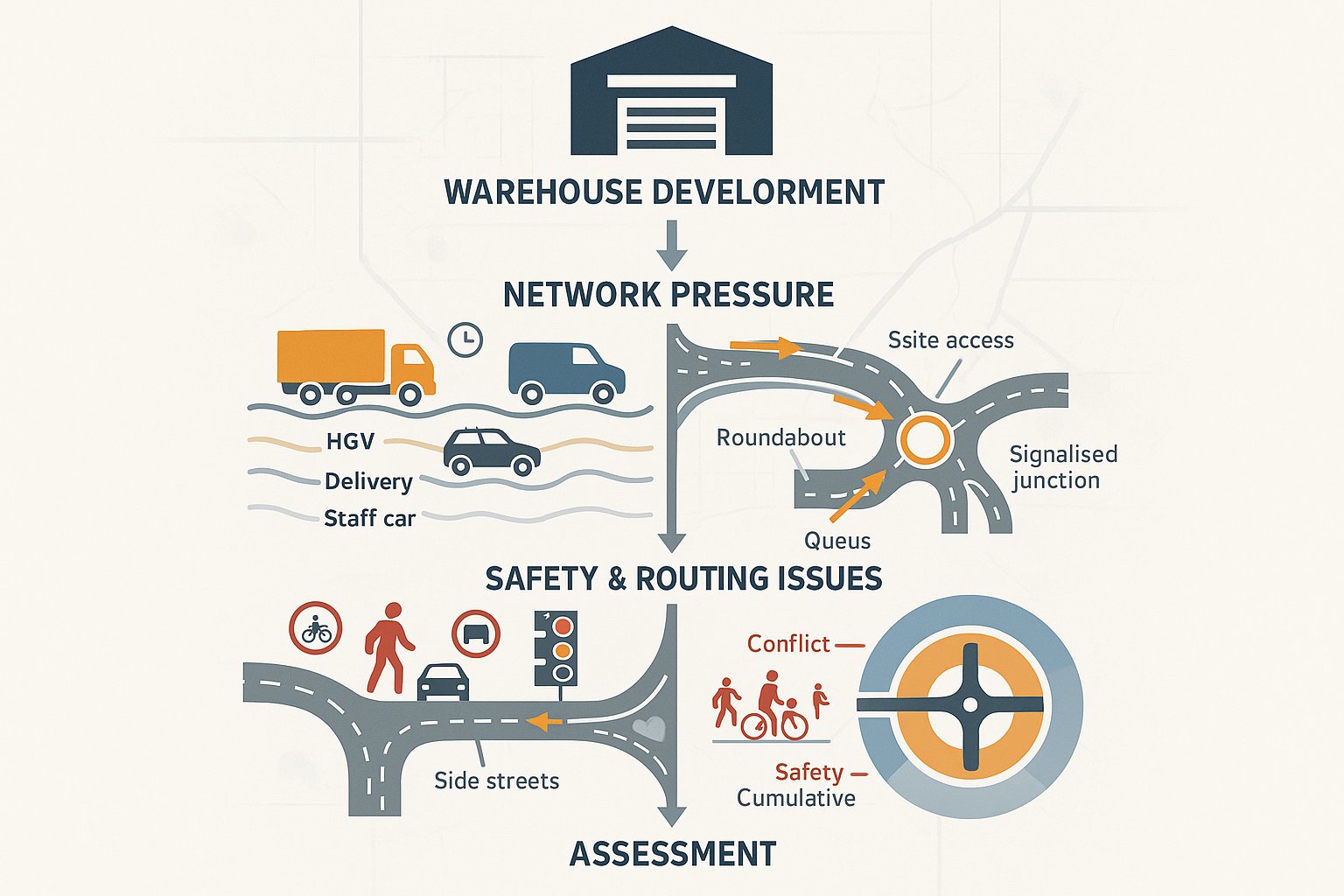 Infographic showing warehouse traffic, road pressure, and safety impacts on local UK transport.