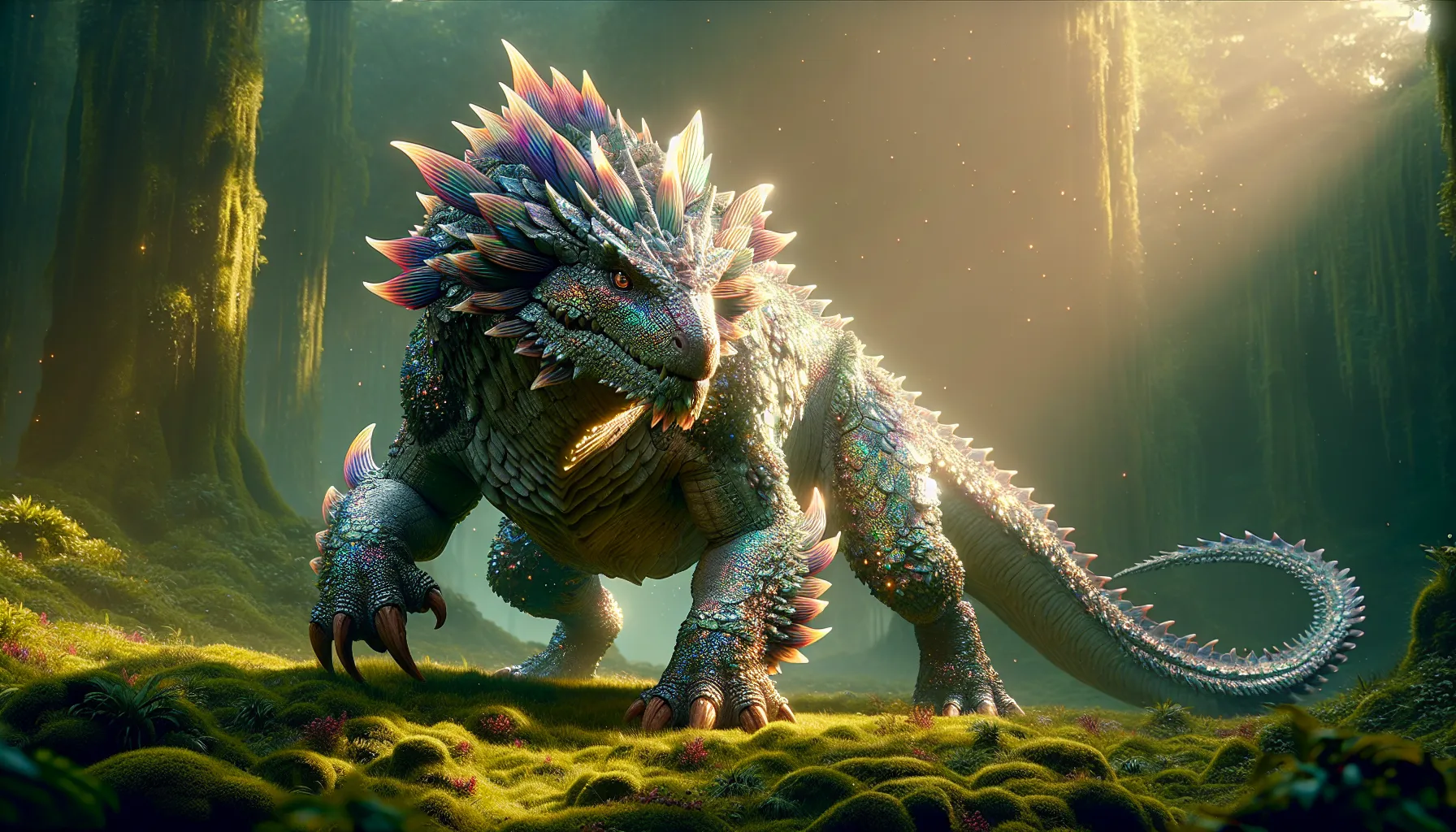 A vibrant, mythical creature called the Cancasaur in a prehistoric landscape.