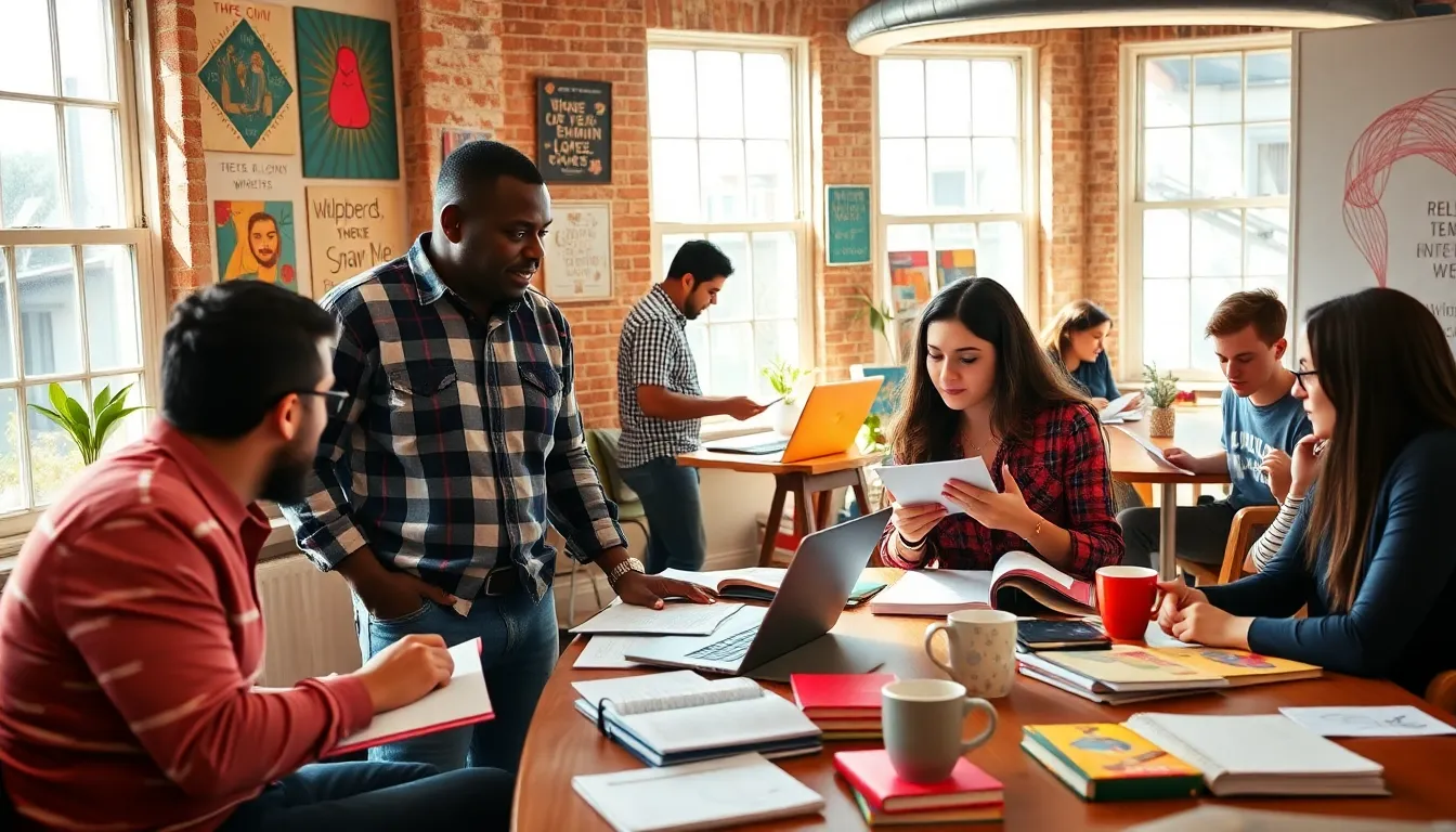 James Gussie and a group collaborating in a colorful co-working space.