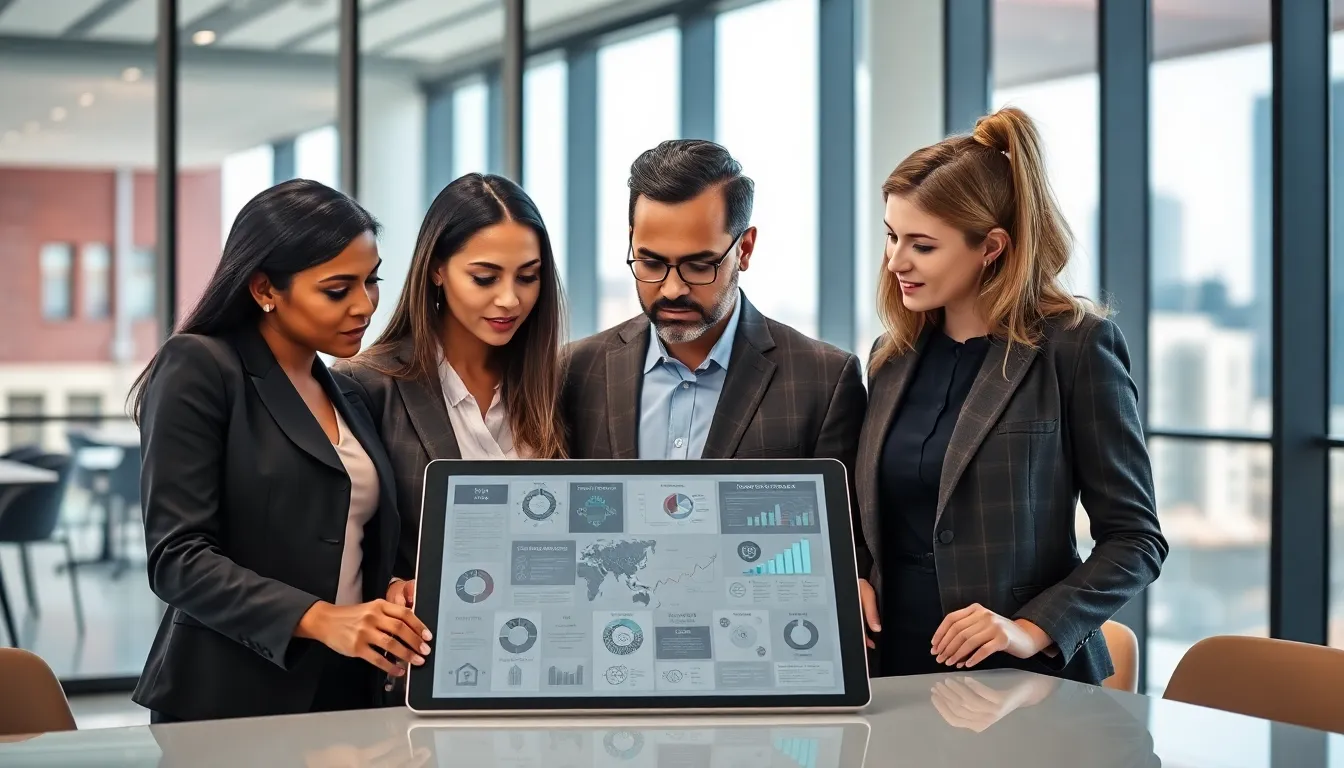 diverse team collaborating around a digital tablet in a modern office.