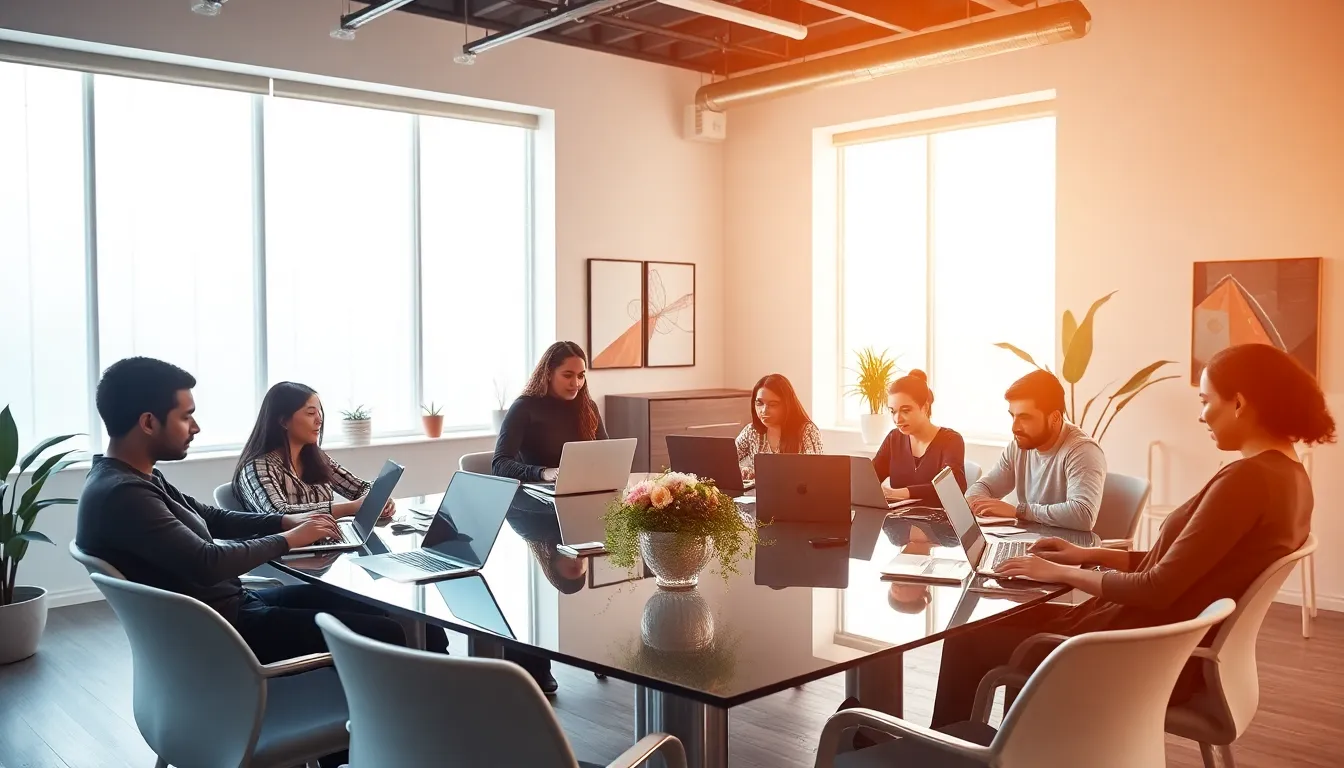 diverse professionals collaborating in a modern workspace.