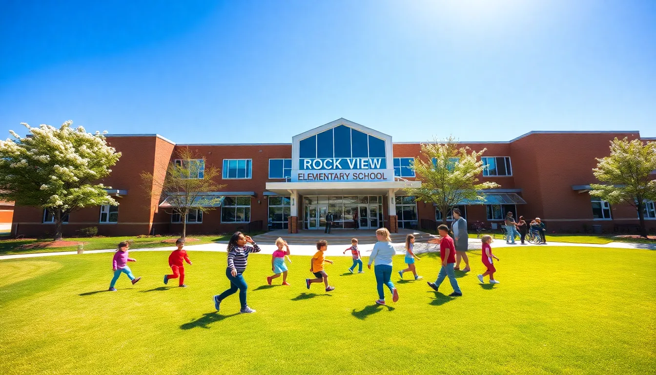 children playing at Rock View Elementary School with teachers engaging nearby.