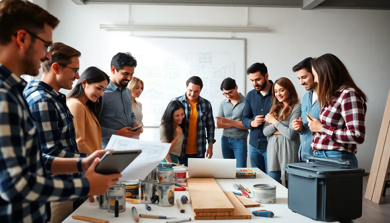 diverse group engaged in home improvement projects in a modern workspace.