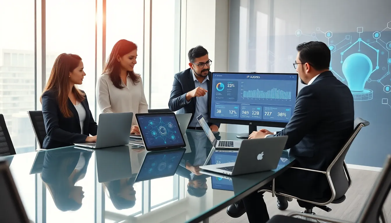 diverse IT team discussing IP addresses in a modern office
