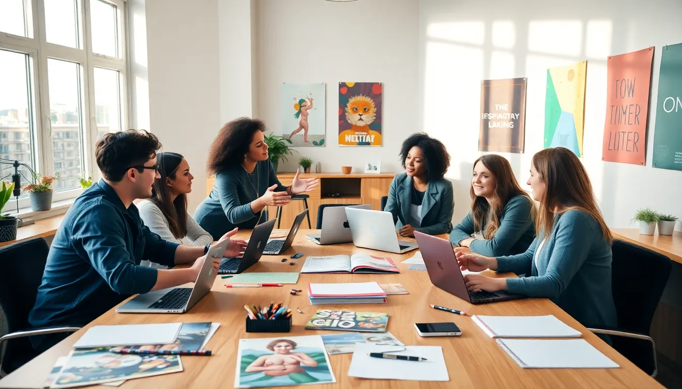 diverse team collaborating in a bright, inspiring workspace.