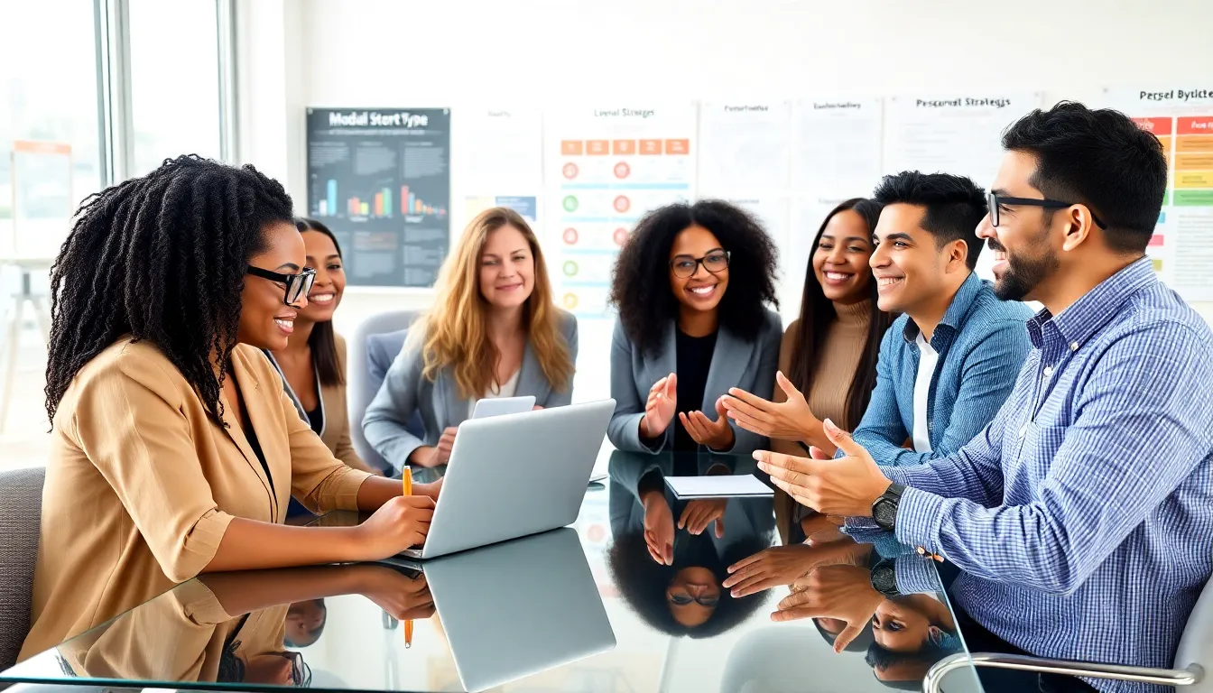 diverse entrepreneurs brainstorming in a modern office setting.