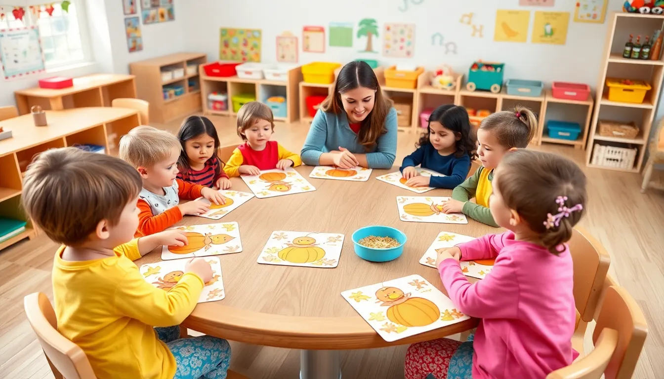 children discussing Thanksgiving placemats in a preschool setting.
