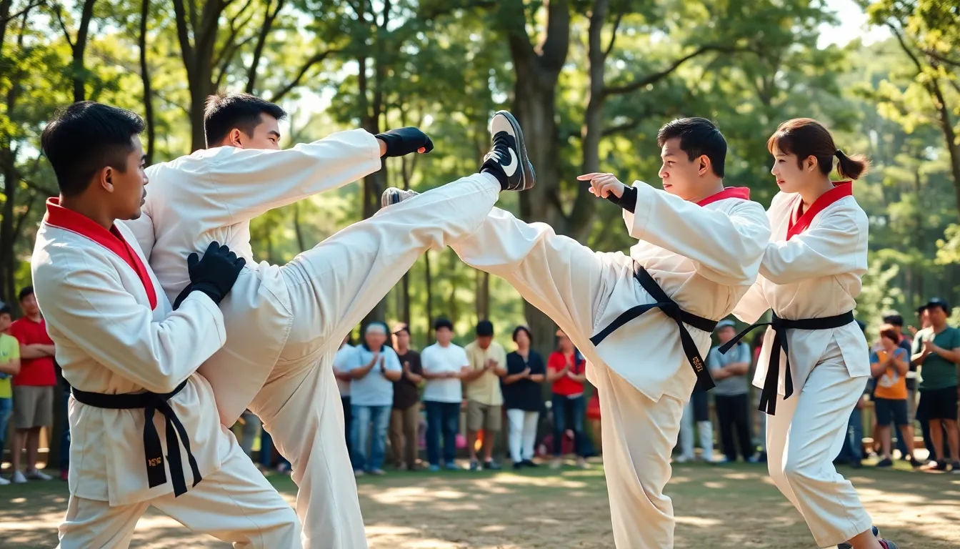 taekwondo athletes competing in a forested outdoor setting.
