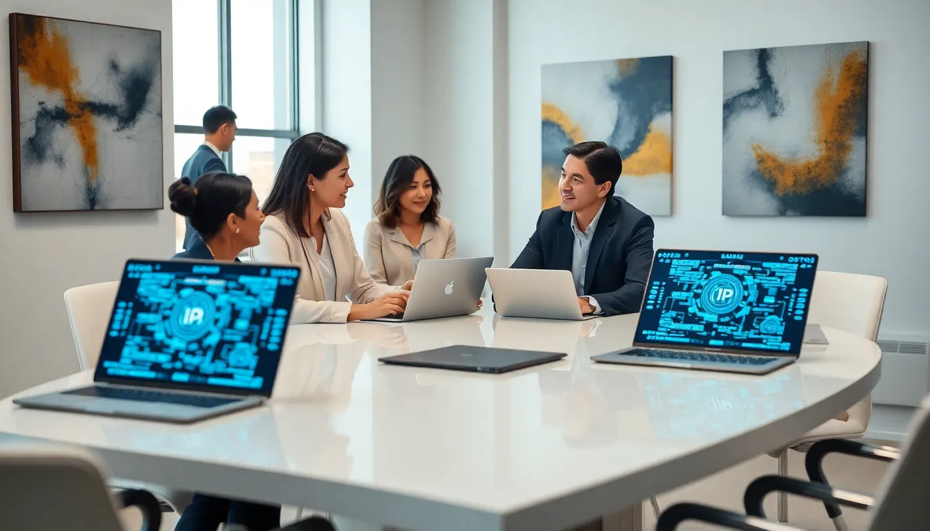 diverse team discussing IP addresses in a modern office.