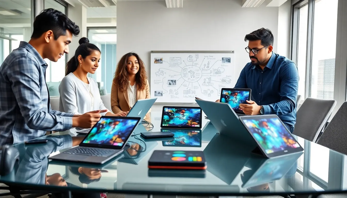 diverse team collaborating in a modern office on game design.
