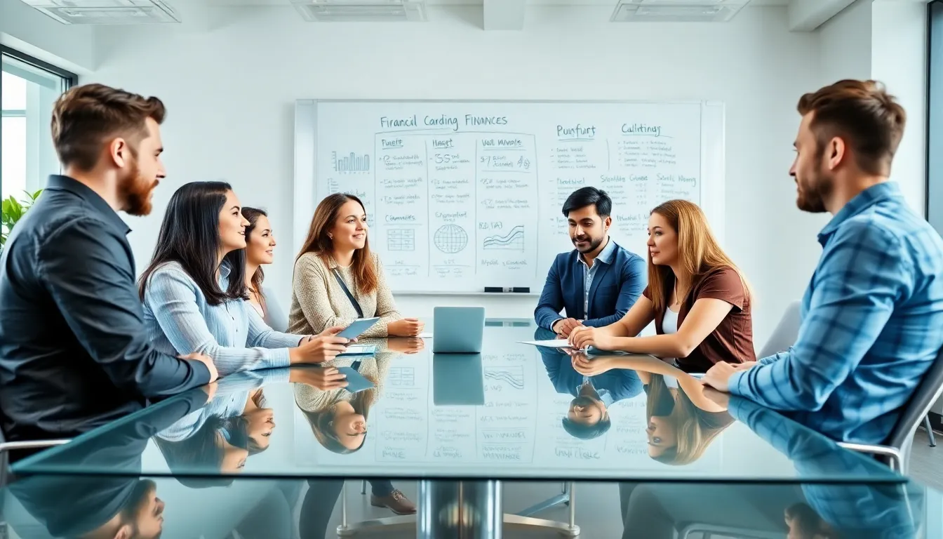 diverse millennials discussing financial strategies in a modern office.