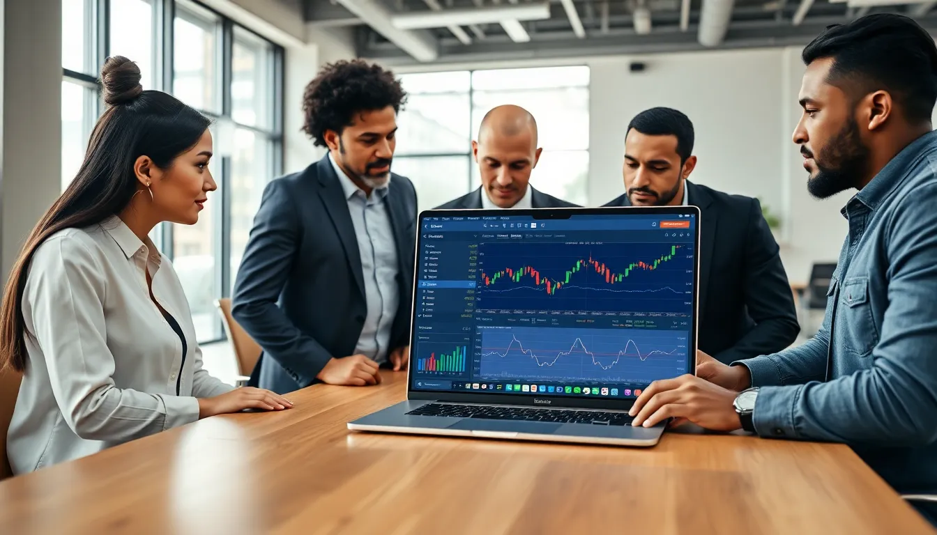 A diverse team discussing cryptocurrency trading on a laptop in a modern office.