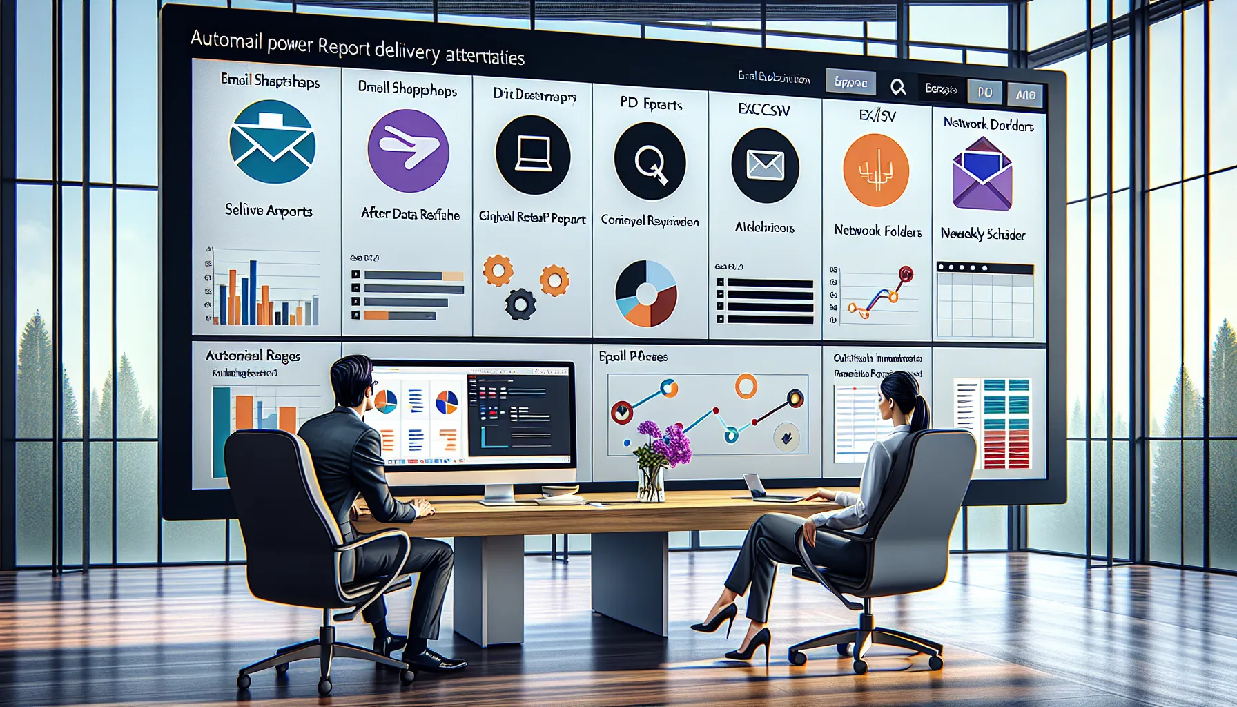 Professionals review scheduled Power BI email subscriptions on a large monitor in a modern office.