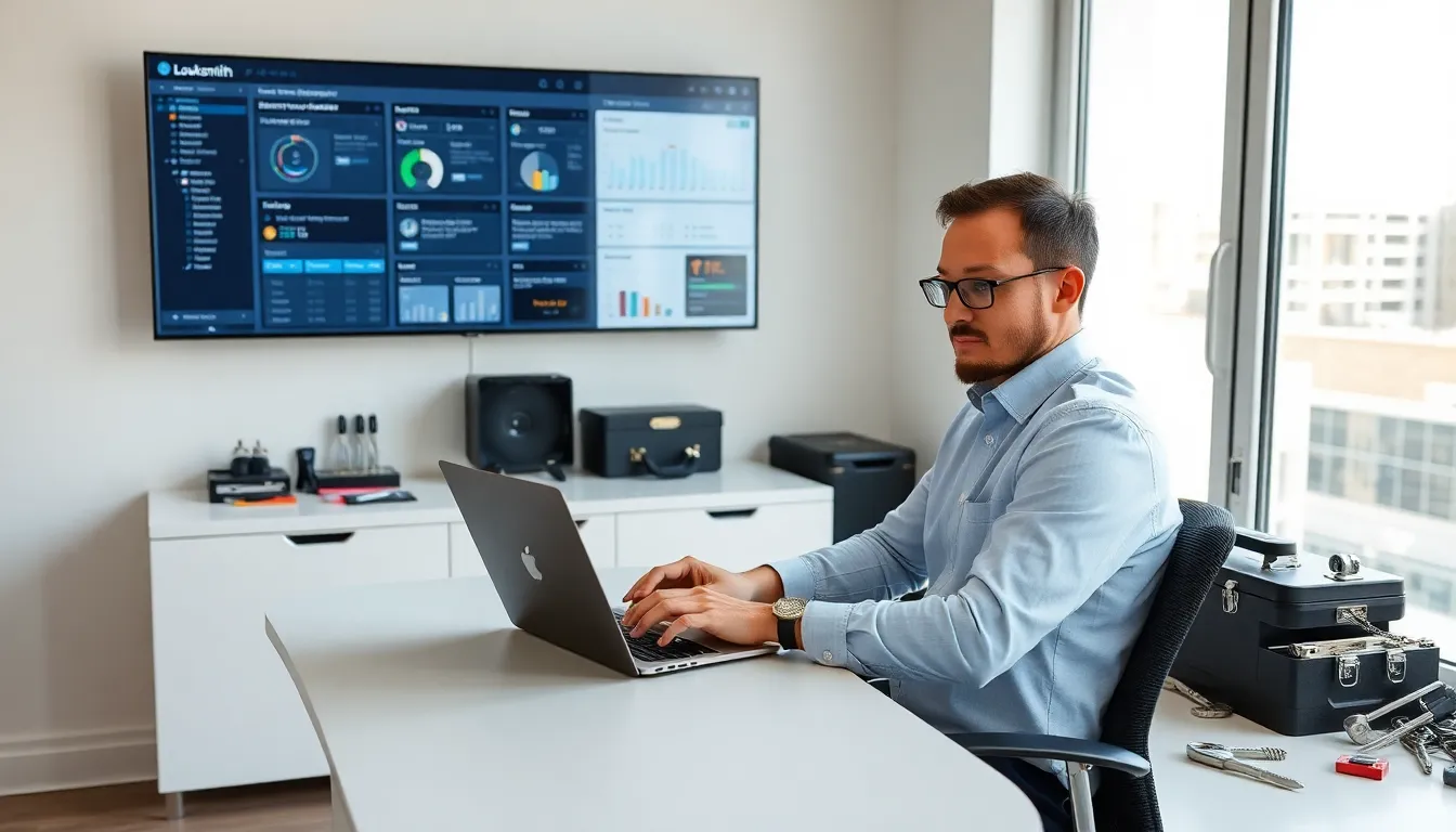 Locksmith at a desk using software in a modern, organized workspace.
