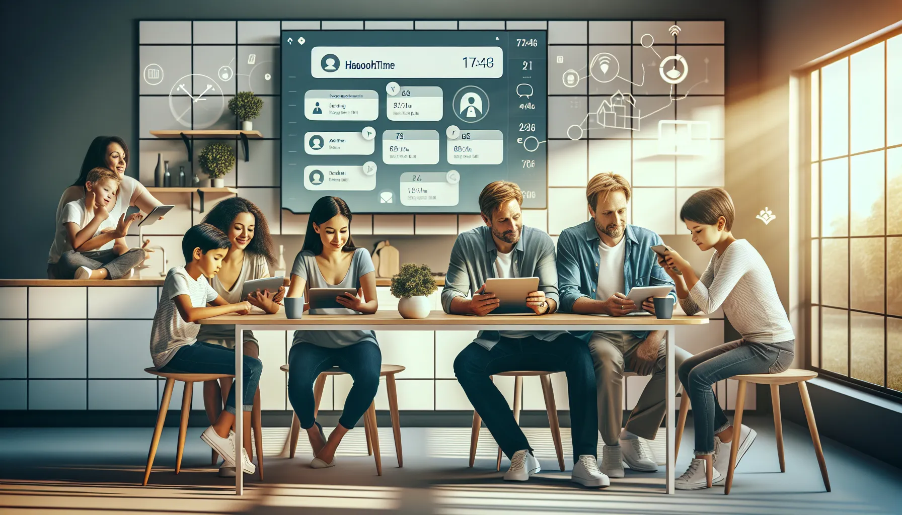 family coordinating schedules using shared calendars in a modern kitchen.