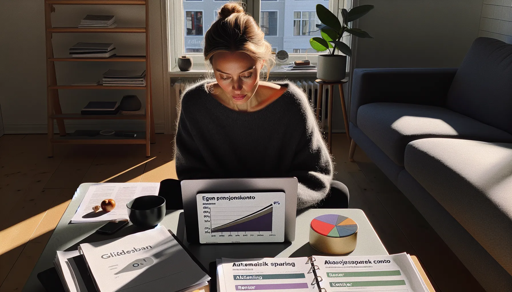 Norwegian woman plans a retirement glide path with accounts and autosaving at home.