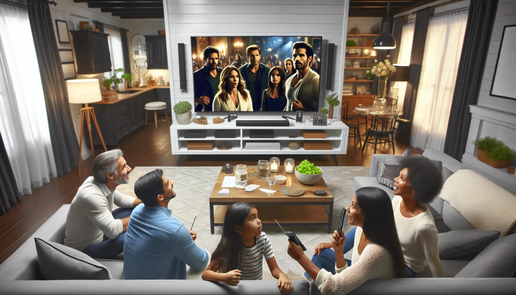 A family watching a dramatic scene from a reality TV show on television.