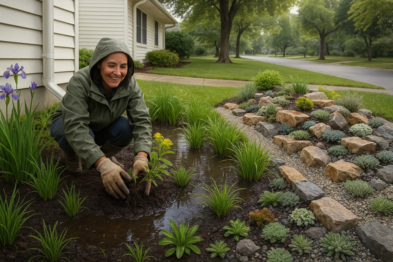 A rain garden beside a dry rock garden in a suburban U.S. yard.