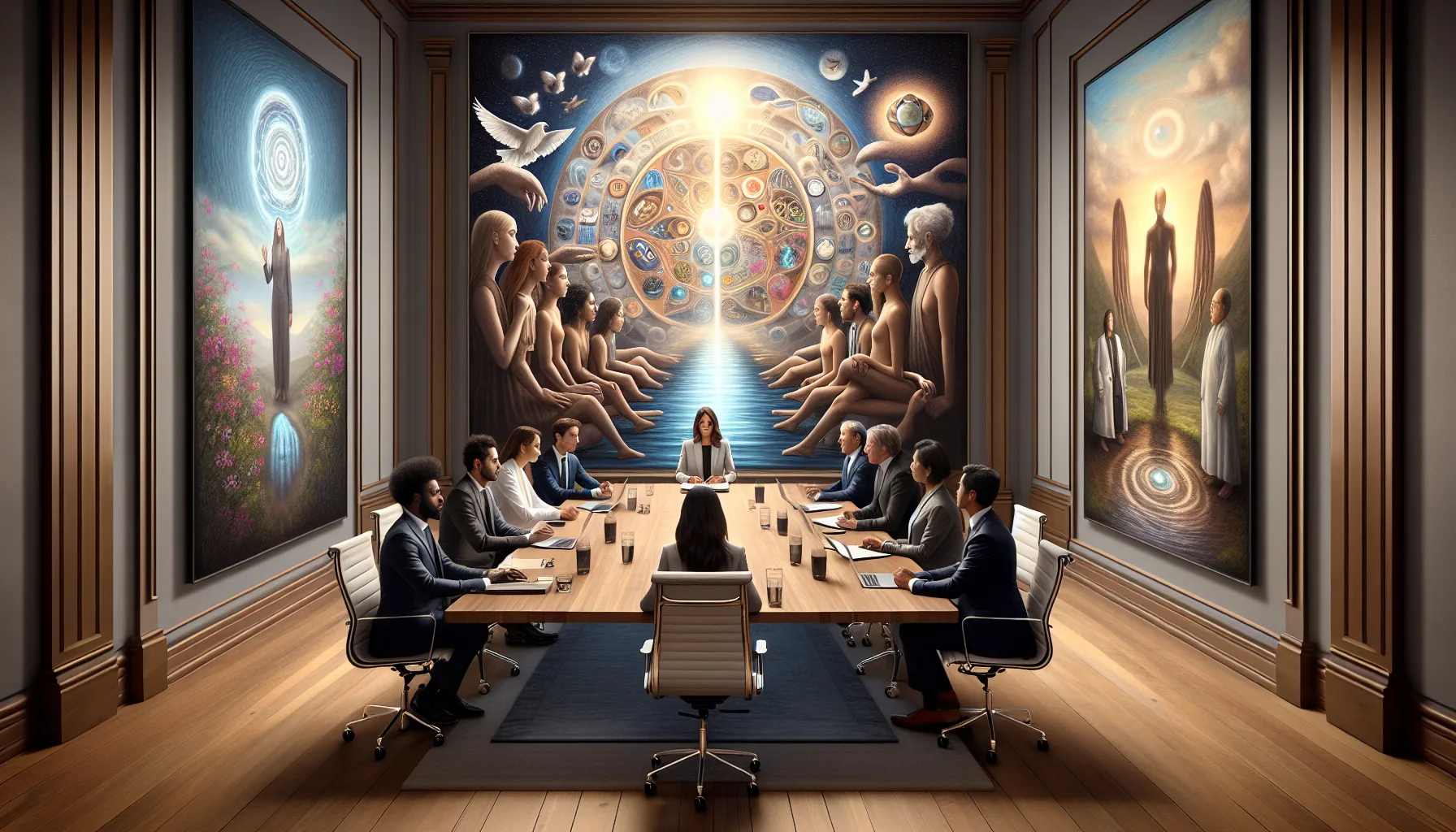 diverse professionals discussing values in a modern office setting.